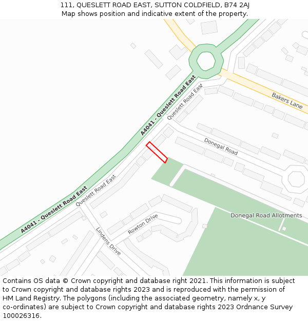 111, QUESLETT ROAD EAST, SUTTON COLDFIELD, B74 2AJ: Location map and indicative extent of plot