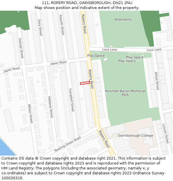111, ROPERY ROAD, GAINSBOROUGH, DN21 2NU: Location map and indicative extent of plot