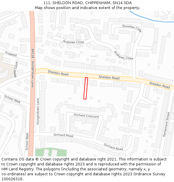 111, SHELDON ROAD, CHIPPENHAM, SN14 0DA: Location map and indicative extent of plot