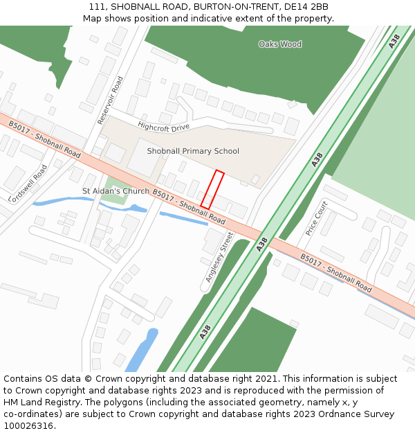 111, SHOBNALL ROAD, BURTON-ON-TRENT, DE14 2BB: Location map and indicative extent of plot