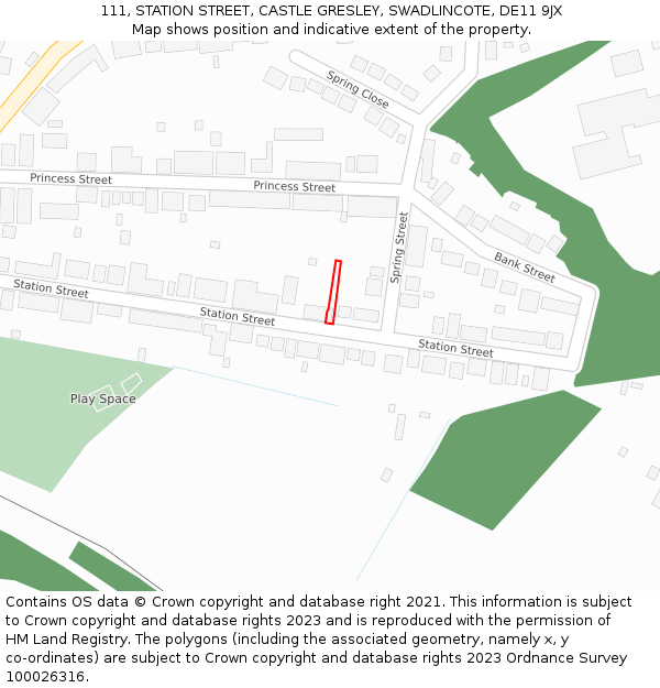 111, STATION STREET, CASTLE GRESLEY, SWADLINCOTE, DE11 9JX: Location map and indicative extent of plot