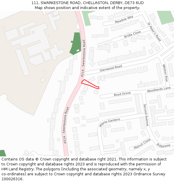 111, SWARKESTONE ROAD, CHELLASTON, DERBY, DE73 6UD: Location map and indicative extent of plot