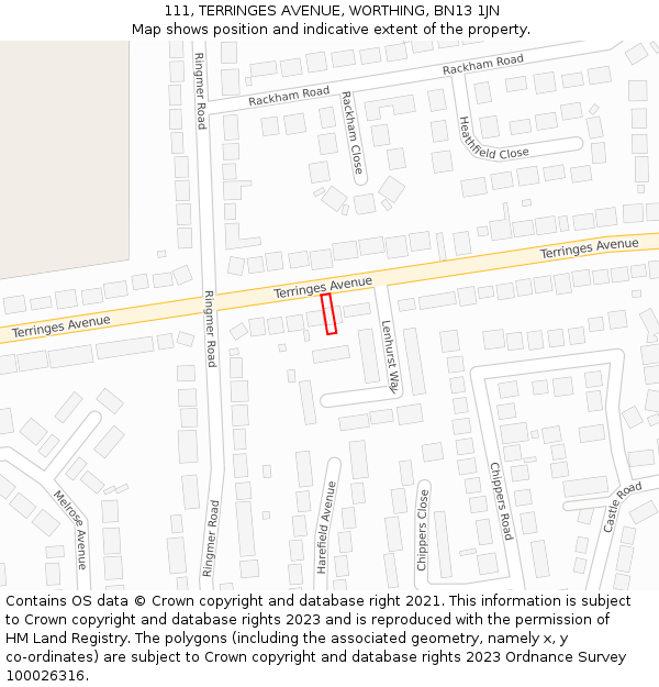 111, TERRINGES AVENUE, WORTHING, BN13 1JN: Location map and indicative extent of plot