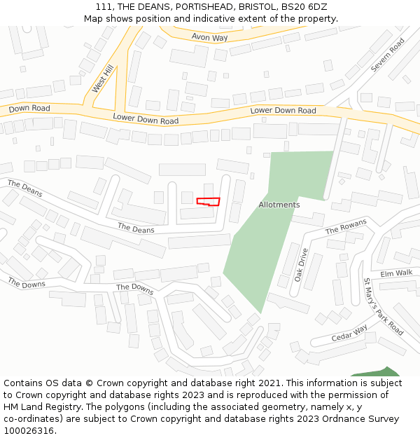 111, THE DEANS, PORTISHEAD, BRISTOL, BS20 6DZ: Location map and indicative extent of plot
