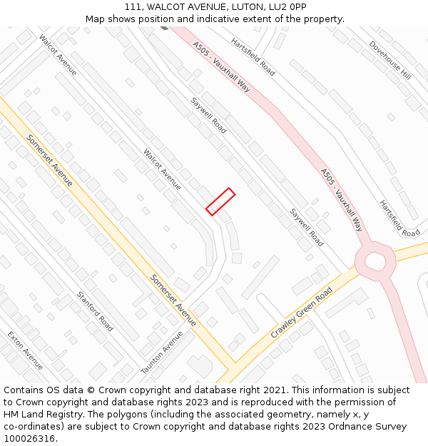 111, WALCOT AVENUE, LUTON, LU2 0PP: Location map and indicative extent of plot