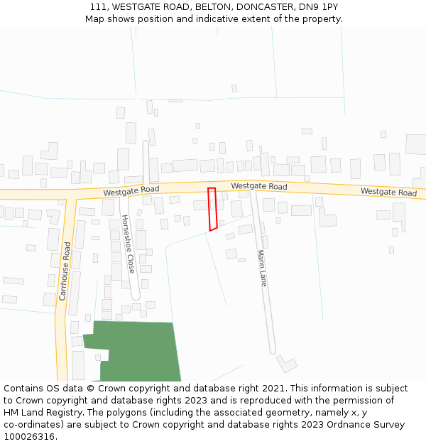 111, WESTGATE ROAD, BELTON, DONCASTER, DN9 1PY: Location map and indicative extent of plot