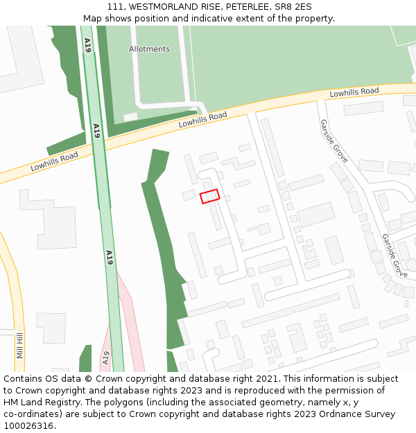 111, WESTMORLAND RISE, PETERLEE, SR8 2ES: Location map and indicative extent of plot