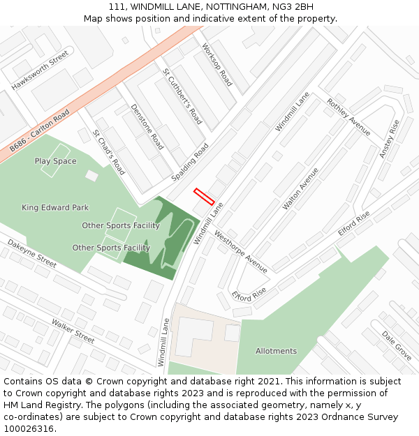 111, WINDMILL LANE, NOTTINGHAM, NG3 2BH: Location map and indicative extent of plot