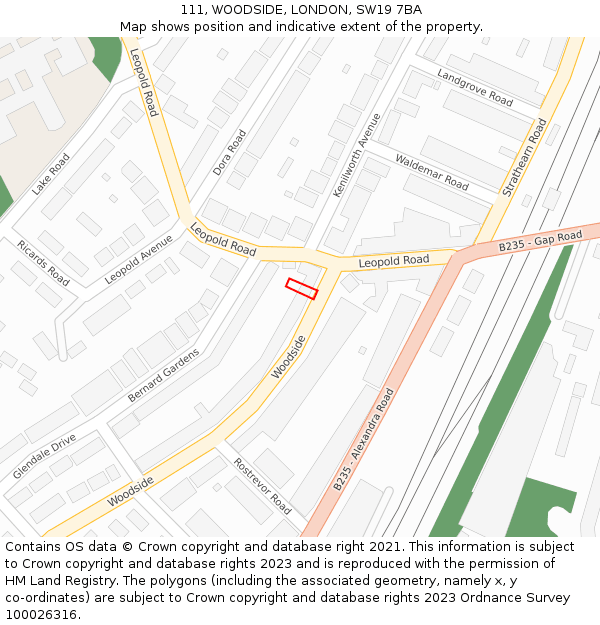 111, WOODSIDE, LONDON, SW19 7BA: Location map and indicative extent of plot