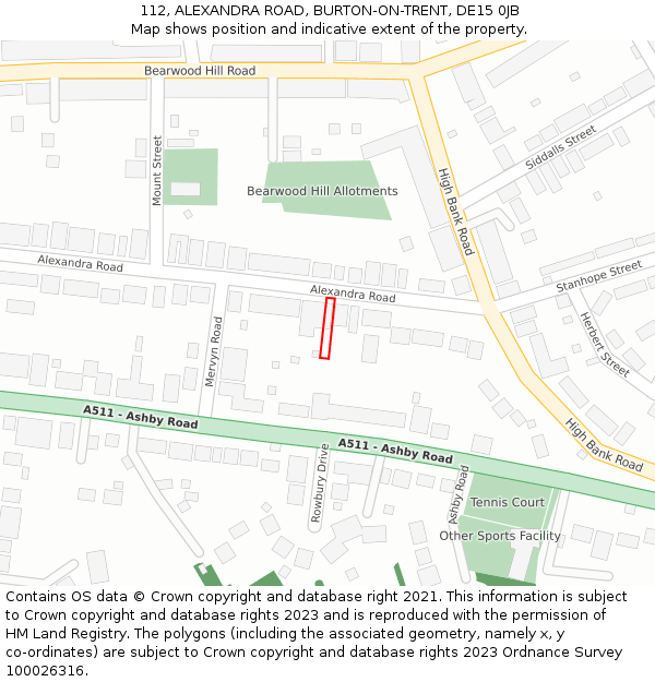 112, ALEXANDRA ROAD, BURTON-ON-TRENT, DE15 0JB: Location map and indicative extent of plot