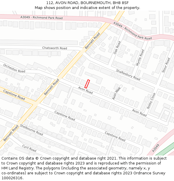 112, AVON ROAD, BOURNEMOUTH, BH8 8SF: Location map and indicative extent of plot