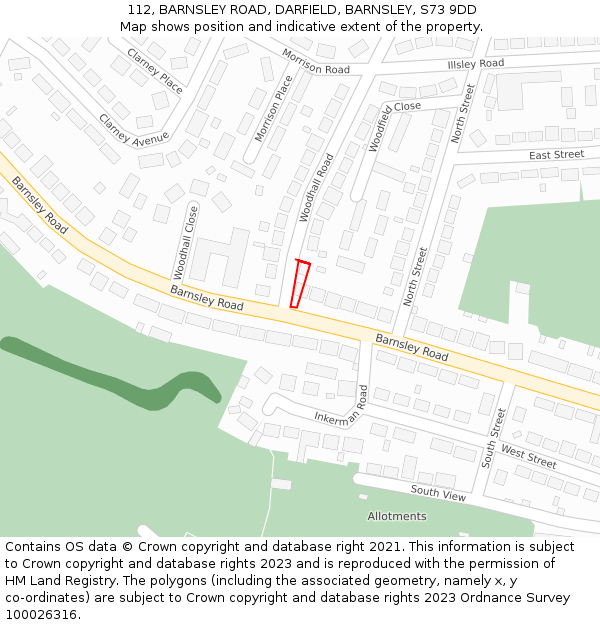 112, BARNSLEY ROAD, DARFIELD, BARNSLEY, S73 9DD: Location map and indicative extent of plot