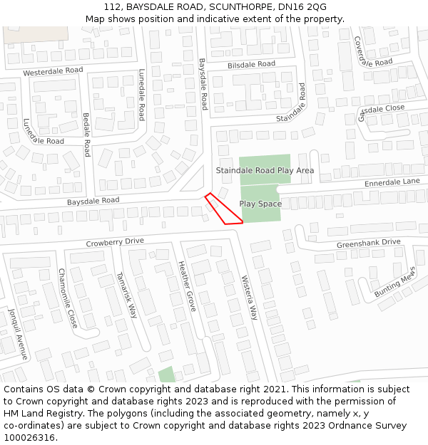 112, BAYSDALE ROAD, SCUNTHORPE, DN16 2QG: Location map and indicative extent of plot