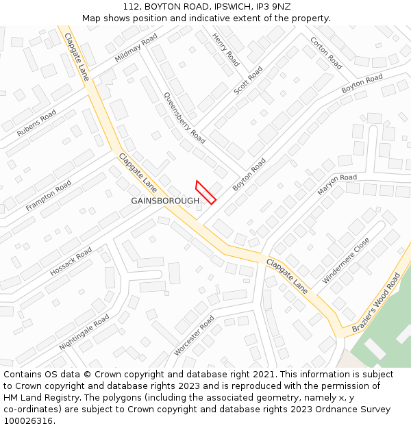 112, BOYTON ROAD, IPSWICH, IP3 9NZ: Location map and indicative extent of plot