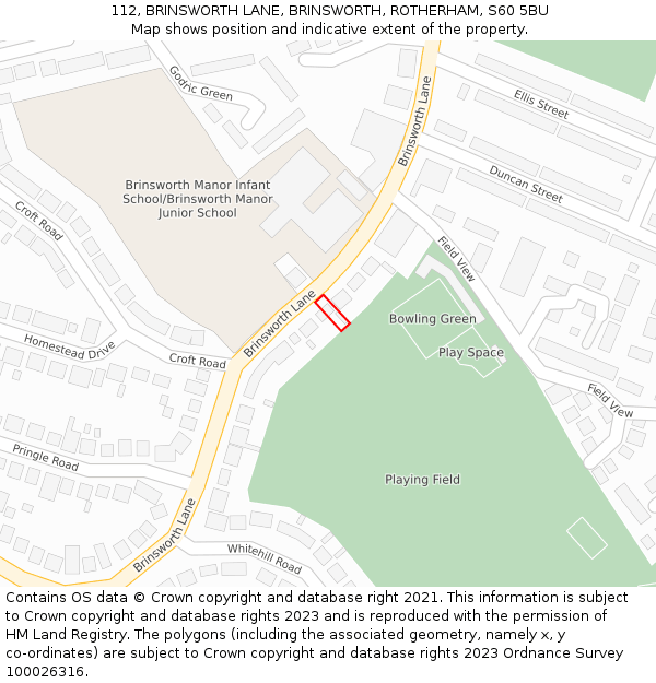 112, BRINSWORTH LANE, BRINSWORTH, ROTHERHAM, S60 5BU: Location map and indicative extent of plot