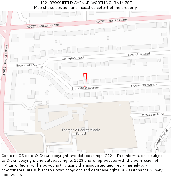 112, BROOMFIELD AVENUE, WORTHING, BN14 7SE: Location map and indicative extent of plot