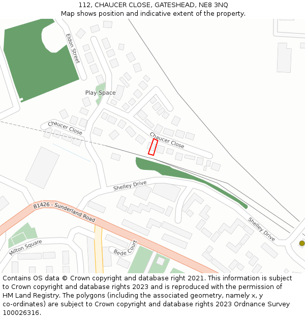 112, CHAUCER CLOSE, GATESHEAD, NE8 3NQ: Location map and indicative extent of plot