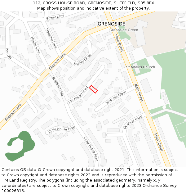 112, CROSS HOUSE ROAD, GRENOSIDE, SHEFFIELD, S35 8RX: Location map and indicative extent of plot