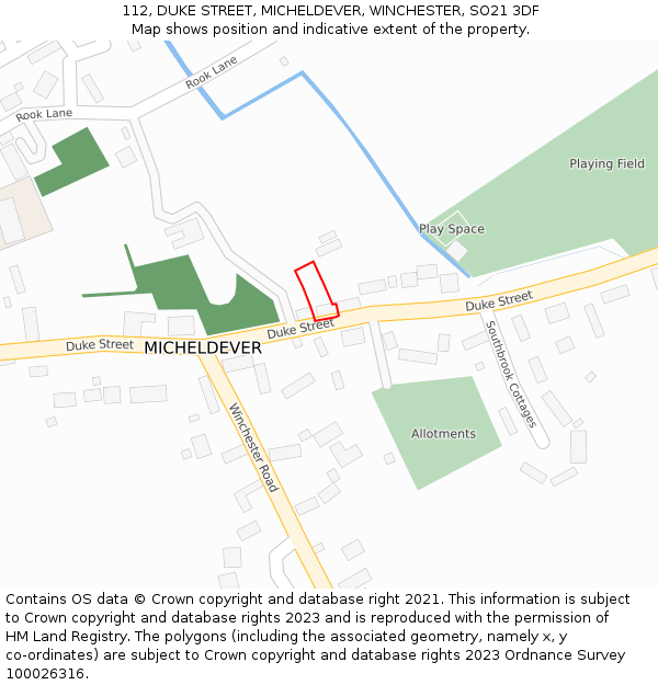 112, DUKE STREET, MICHELDEVER, WINCHESTER, SO21 3DF: Location map and indicative extent of plot