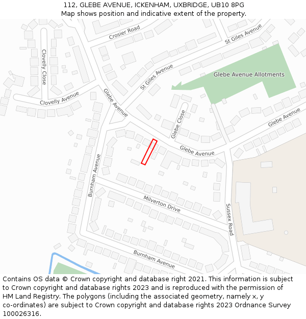 112, GLEBE AVENUE, ICKENHAM, UXBRIDGE, UB10 8PG: Location map and indicative extent of plot