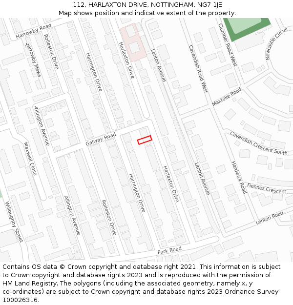 112, HARLAXTON DRIVE, NOTTINGHAM, NG7 1JE: Location map and indicative extent of plot