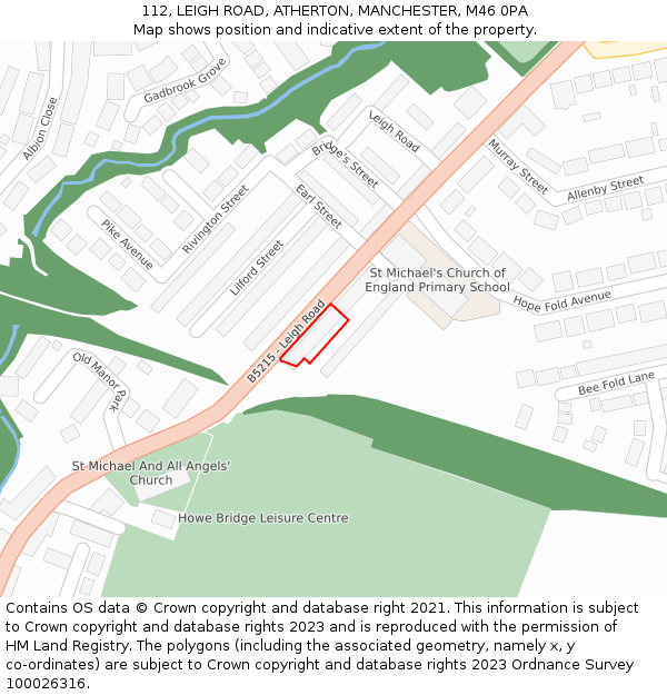 112, LEIGH ROAD, ATHERTON, MANCHESTER, M46 0PA: Location map and indicative extent of plot