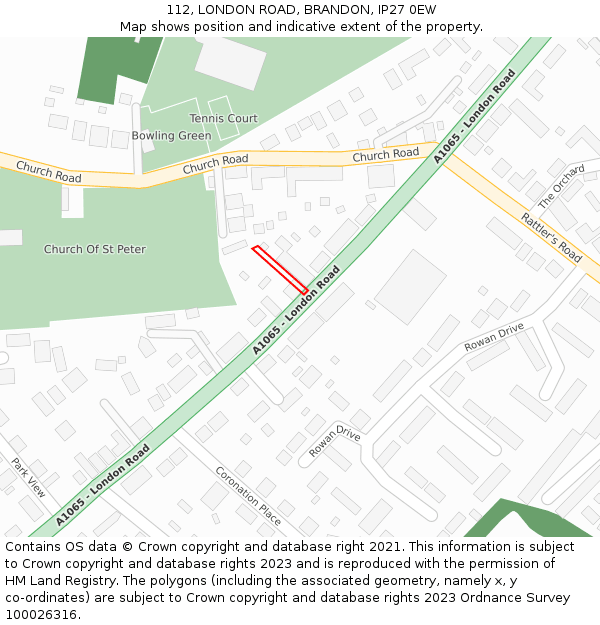 112, LONDON ROAD, BRANDON, IP27 0EW: Location map and indicative extent of plot