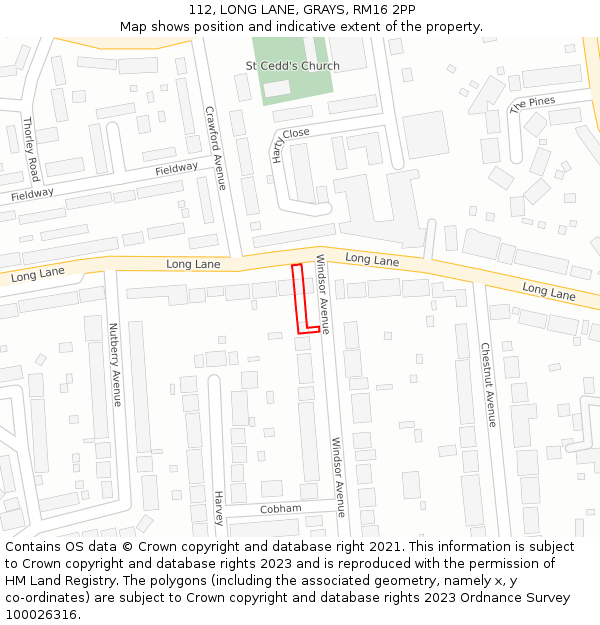 112, LONG LANE, GRAYS, RM16 2PP: Location map and indicative extent of plot