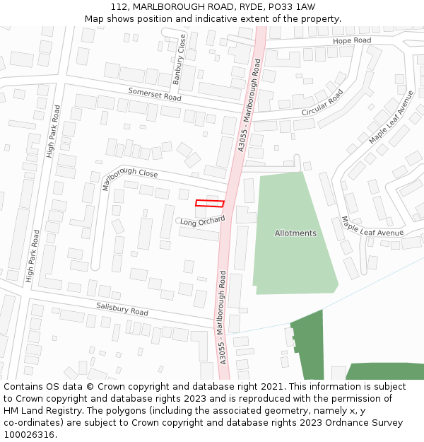 112, MARLBOROUGH ROAD, RYDE, PO33 1AW: Location map and indicative extent of plot