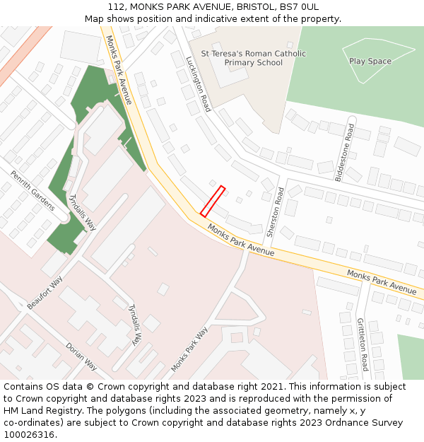 112, MONKS PARK AVENUE, BRISTOL, BS7 0UL: Location map and indicative extent of plot