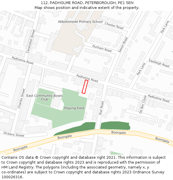 112, PADHOLME ROAD, PETERBOROUGH, PE1 5EN: Location map and indicative extent of plot