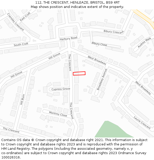 112, THE CRESCENT, HENLEAZE, BRISTOL, BS9 4RT: Location map and indicative extent of plot