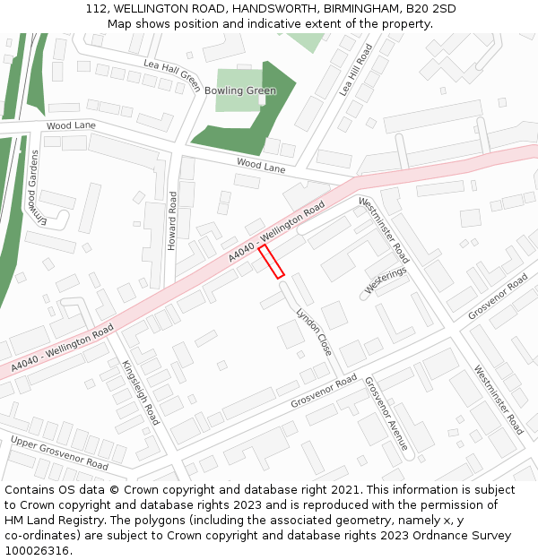 112, WELLINGTON ROAD, HANDSWORTH, BIRMINGHAM, B20 2SD: Location map and indicative extent of plot