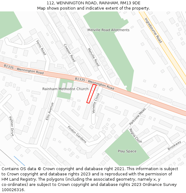 112, WENNINGTON ROAD, RAINHAM, RM13 9DE: Location map and indicative extent of plot