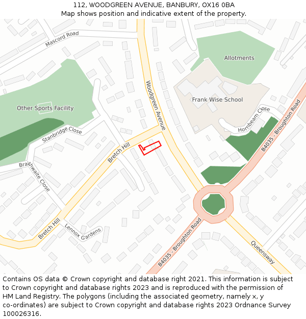 112, WOODGREEN AVENUE, BANBURY, OX16 0BA: Location map and indicative extent of plot