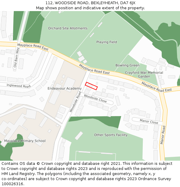 112, WOODSIDE ROAD, BEXLEYHEATH, DA7 6JX: Location map and indicative extent of plot