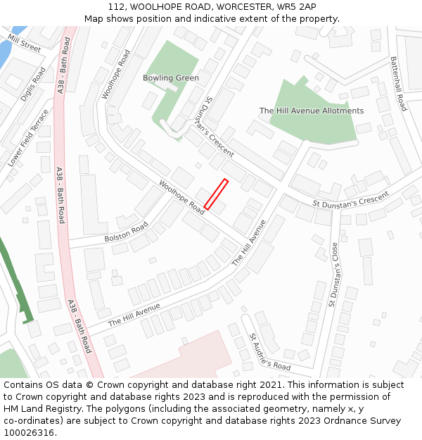 112, WOOLHOPE ROAD, WORCESTER, WR5 2AP: Location map and indicative extent of plot