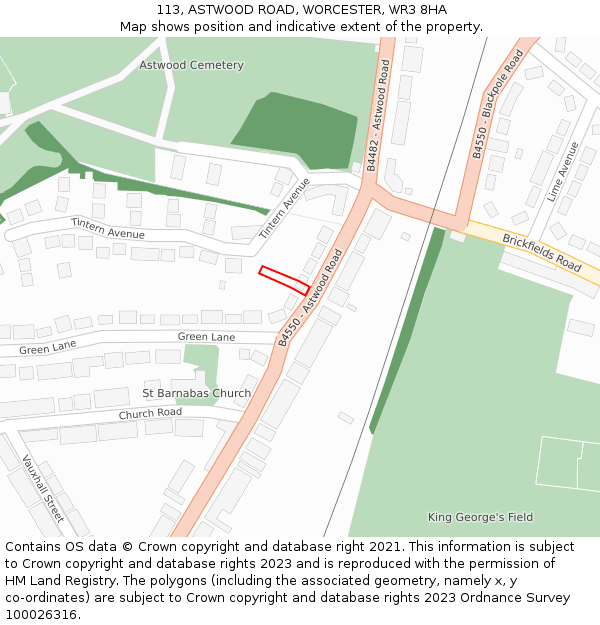 113, ASTWOOD ROAD, WORCESTER, WR3 8HA: Location map and indicative extent of plot