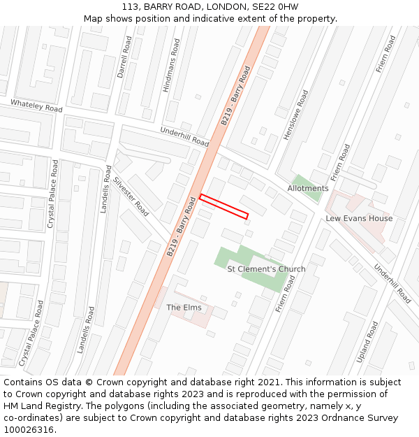 113, BARRY ROAD, LONDON, SE22 0HW: Location map and indicative extent of plot