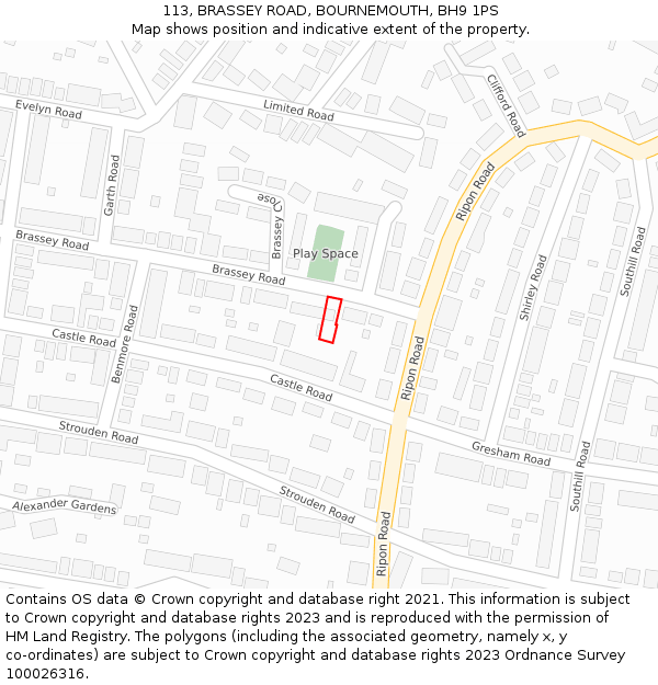113, BRASSEY ROAD, BOURNEMOUTH, BH9 1PS: Location map and indicative extent of plot