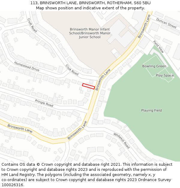 113, BRINSWORTH LANE, BRINSWORTH, ROTHERHAM, S60 5BU: Location map and indicative extent of plot
