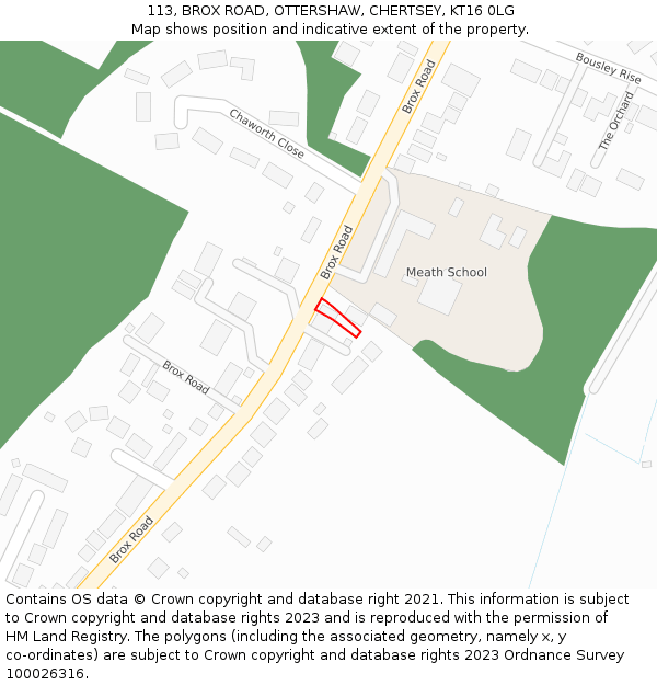113, BROX ROAD, OTTERSHAW, CHERTSEY, KT16 0LG: Location map and indicative extent of plot