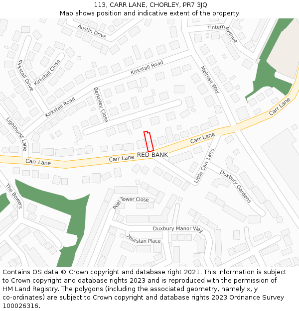 113, CARR LANE, CHORLEY, PR7 3JQ: Location map and indicative extent of plot
