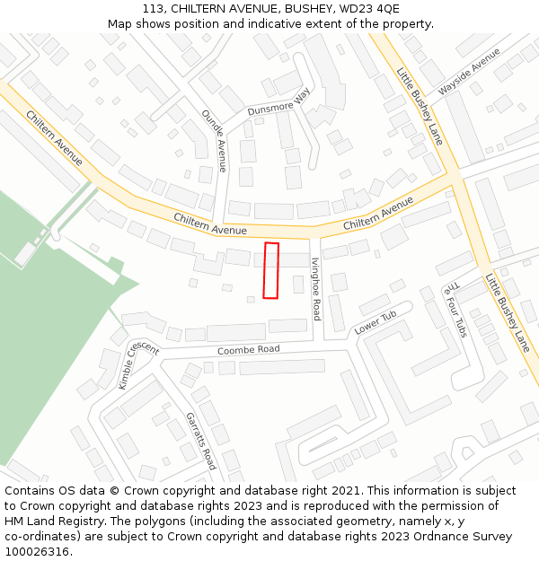 113, CHILTERN AVENUE, BUSHEY, WD23 4QE: Location map and indicative extent of plot