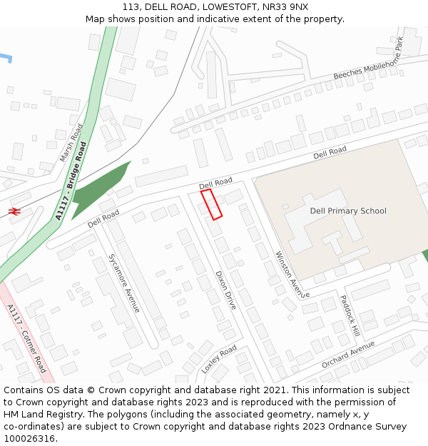113, DELL ROAD, LOWESTOFT, NR33 9NX: Location map and indicative extent of plot