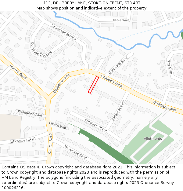 113, DRUBBERY LANE, STOKE-ON-TRENT, ST3 4BT: Location map and indicative extent of plot
