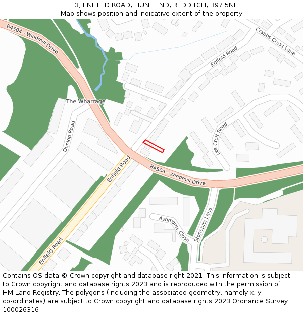 113, ENFIELD ROAD, HUNT END, REDDITCH, B97 5NE: Location map and indicative extent of plot