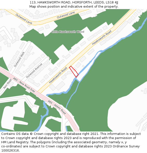 113, HAWKSWORTH ROAD, HORSFORTH, LEEDS, LS18 4JJ: Location map and indicative extent of plot