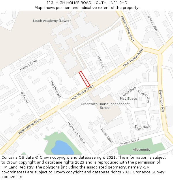 113, HIGH HOLME ROAD, LOUTH, LN11 0HD: Location map and indicative extent of plot