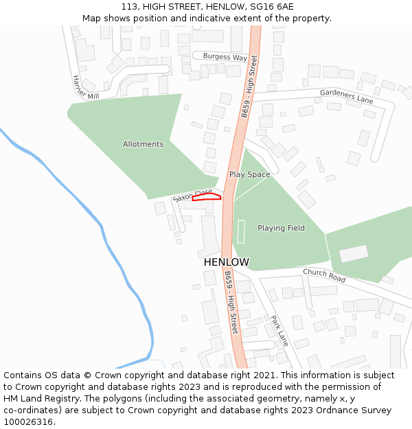 113, HIGH STREET, HENLOW, SG16 6AE: Location map and indicative extent of plot